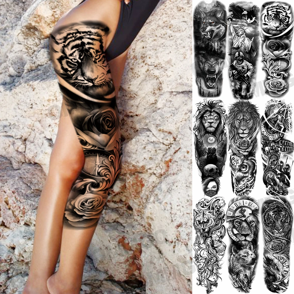 Black Tiger Rose Flower Temporary Tattoos For Women Adult Realistic Wolf Lion Warrior Fake Tattoo Sticker Waterproof Thigh Tatoo