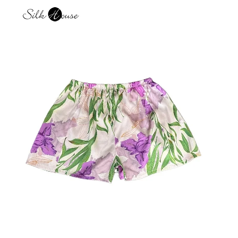 2025 Women's Summer Casual Sexy New 93% Natural Mulberry Silk Elastic Satin Iris Printed Elastic Waist Casual Shorts