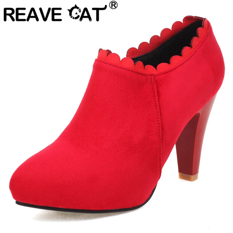 REAVE CAT Women Pumps Shoes High Heels Pointed Toe Flock Lace Concise Size 33-43 Black Red Spring S3087