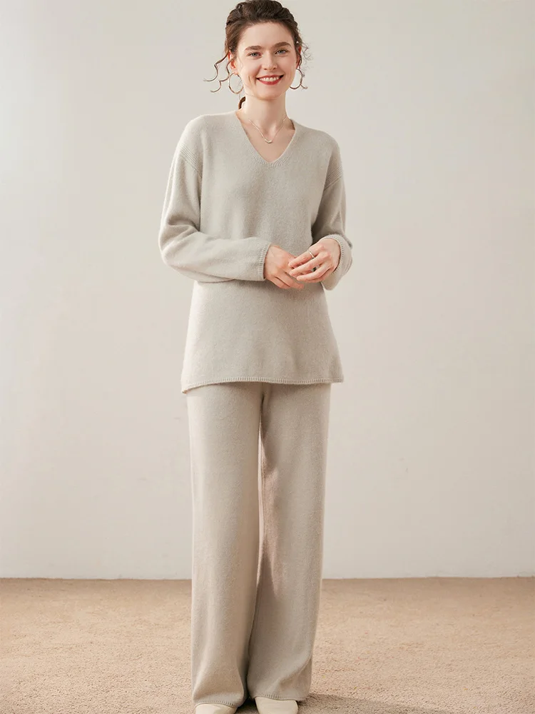 

100% Cashmere Pullover Sweater Women's Sexy V-Neck Mid-Length Wide-Leg Pants Two-Piece Set Warm Fashion Autumn Winter Casual