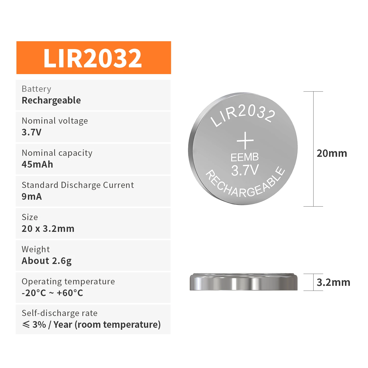 EEMB LIR2032 3.7V 45mAh Button Battery Rechargeable Lithium-ion Battery Coin Cell for Earphone ithium-ion Battery Car Keys Watch