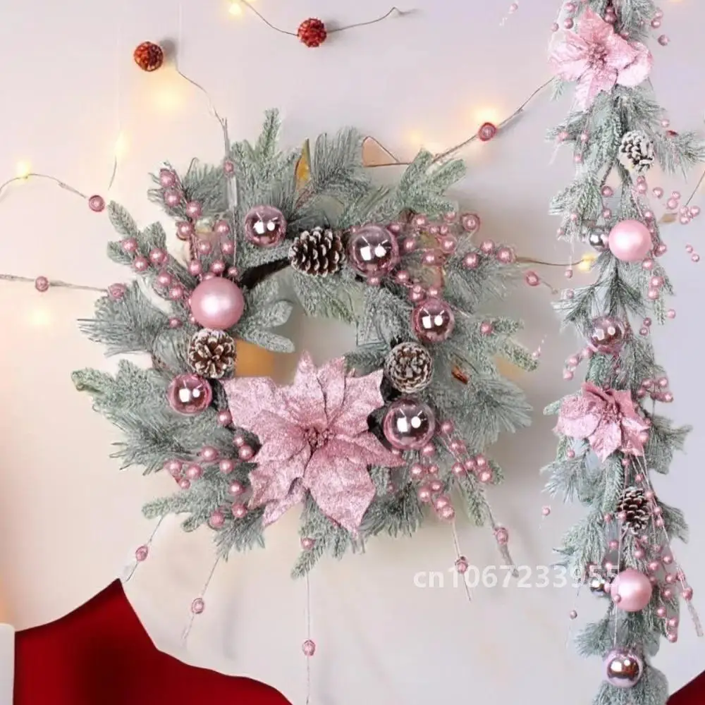 New Christmas Pink Wreath with Balls Artificial Plant Rattan Garland Christmas Rattan Hanging Ornament for New Year Home Decor