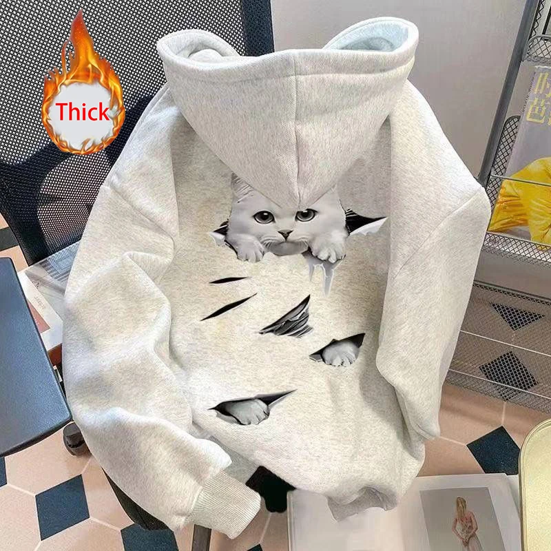 Cute Cat Thick Hoodies Women Fall Winter Warm Loose Long Sleeve Soft Tops Coats Vintage Lady Casual Preppy Style Kawaii Pullover