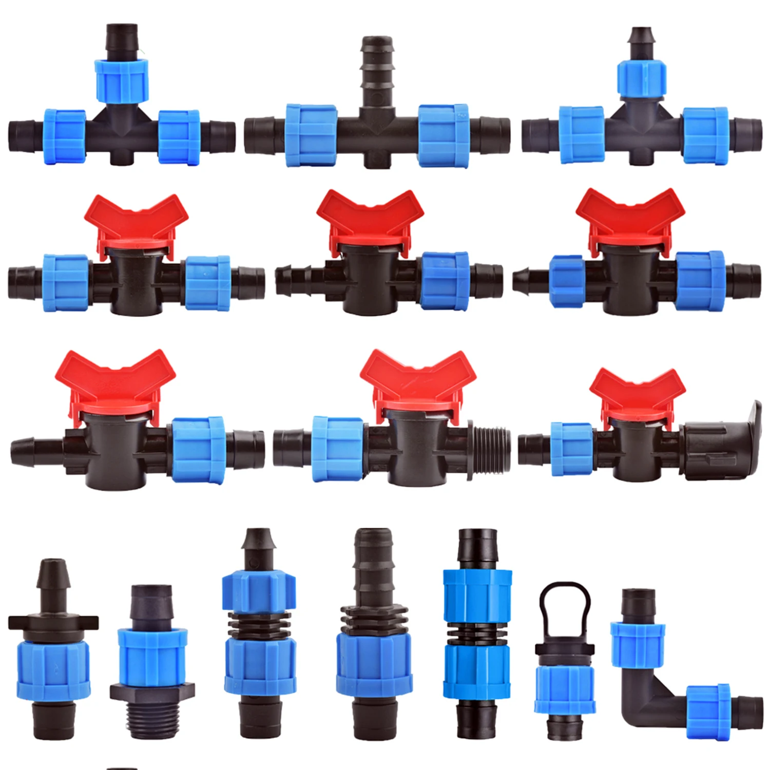 1/2 micro 16 16mm micro conectores de fita de irrigação gotejamento reparação cotovelo fim plug rosca bloqueio torneira acessórios jardim irrigação