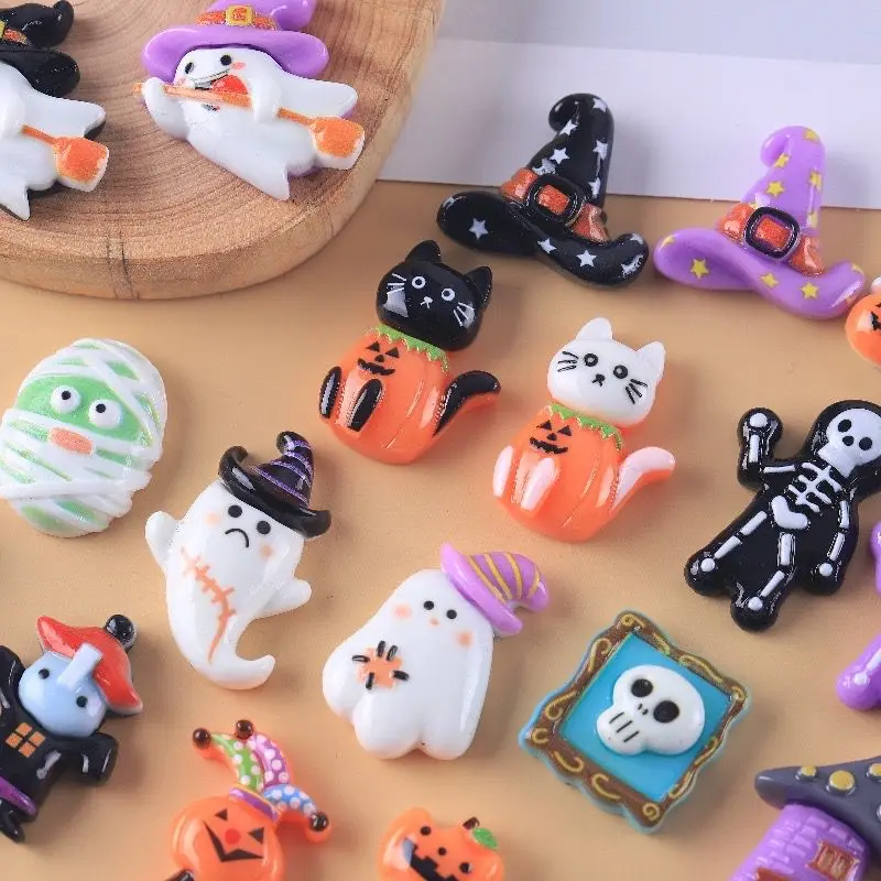 10Pcs New Cute Resin Cartoon Halloween Ghosts, Skeletons, Pumpkins Flat Back Manicure Parts Embellishments For Hair Bows