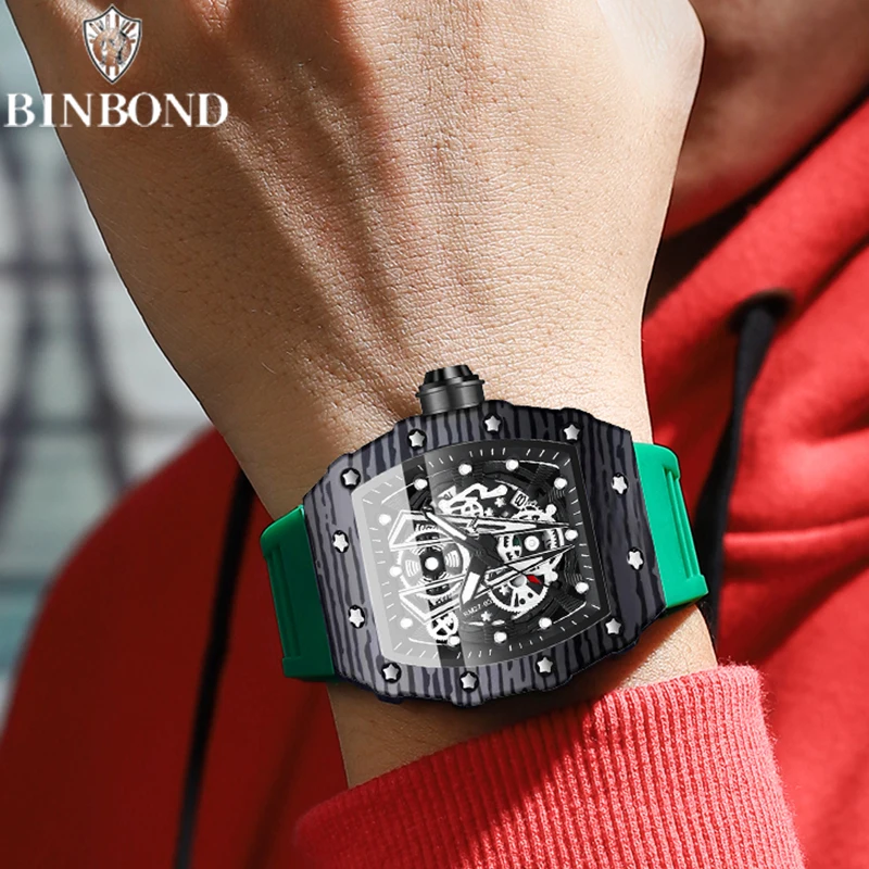 BINBOND ساعة رجالية جديدة ساخنة الاستبداد برميل منحني مرآة سطح مجوف الرياضة مقاوم للماء ساعة سيليكون كوارتز رجل ساعة اليد