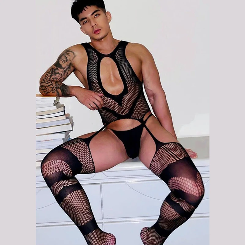 Hombres Mujeres Lencería ultrafina con espalda en T Hombre Sexy Mono de encaje de malla transparente para hombre Conjunto de calzoncillos Par transparente Medias Medias Bragas