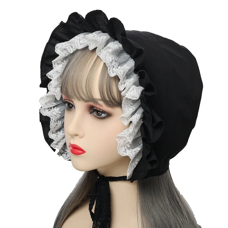 Lolita Ruffled Bonnet หมวก 56 ซม.หญิงสาว Victorian ยุคกลาง Vintage Maid Cosplay Lace - up ปรับหมวกหมวกฟักทอง