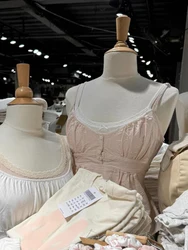 Pink Stripe Lace-up Tank Top Woman Lace Trim Buttons V-neck Cotton Camis Summer Vintage Streetwear Sweet Sleeveless Crop Tops
