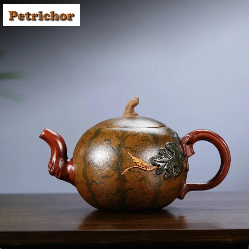 

475ml Boutique Yixing Purple Clay Teapots Handmade Watermelon Pot Raw Ore Red Mud Tea Brewing Kettle Chinese Zisha Tea Set Craft