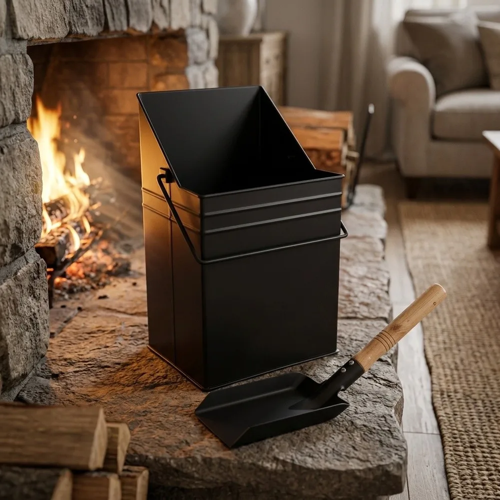 Thickened Iron Fireplace Tools Set Includes Large Ash Bucket and Precision Slant Square Shovel for Indoor Wood Stoves