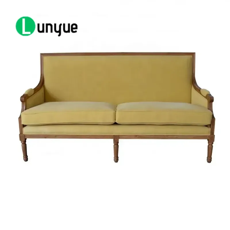French Oak Frame Velvet Double Lounge Chair Farmhouse Style Curved Sofa Antique Durable Removable Cushion For Living Room