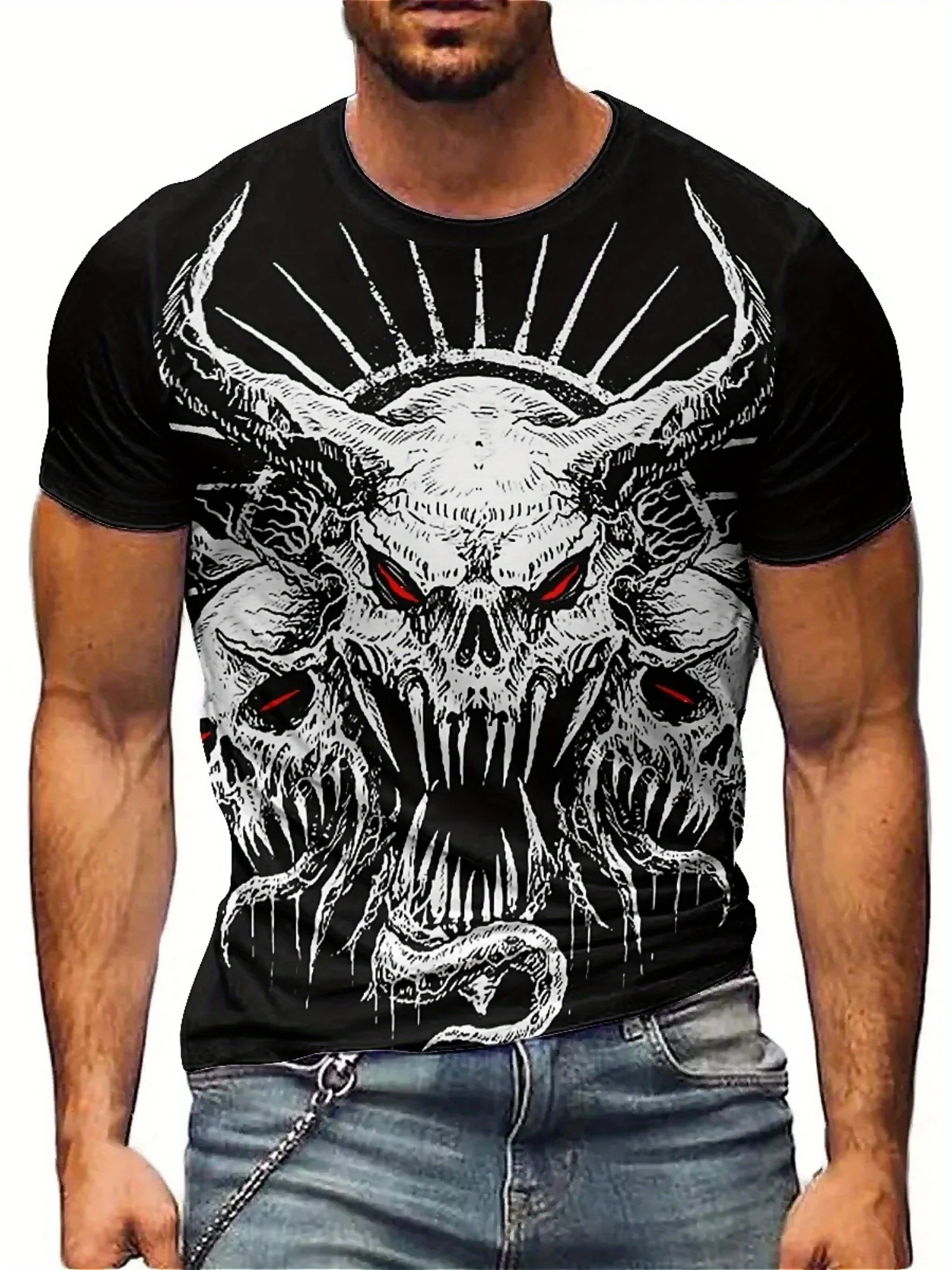 Camiseta masculina com estampa de caveira gótica do diabo – design de arte rock preto e branco, manga curta, poliéster, festa ouda