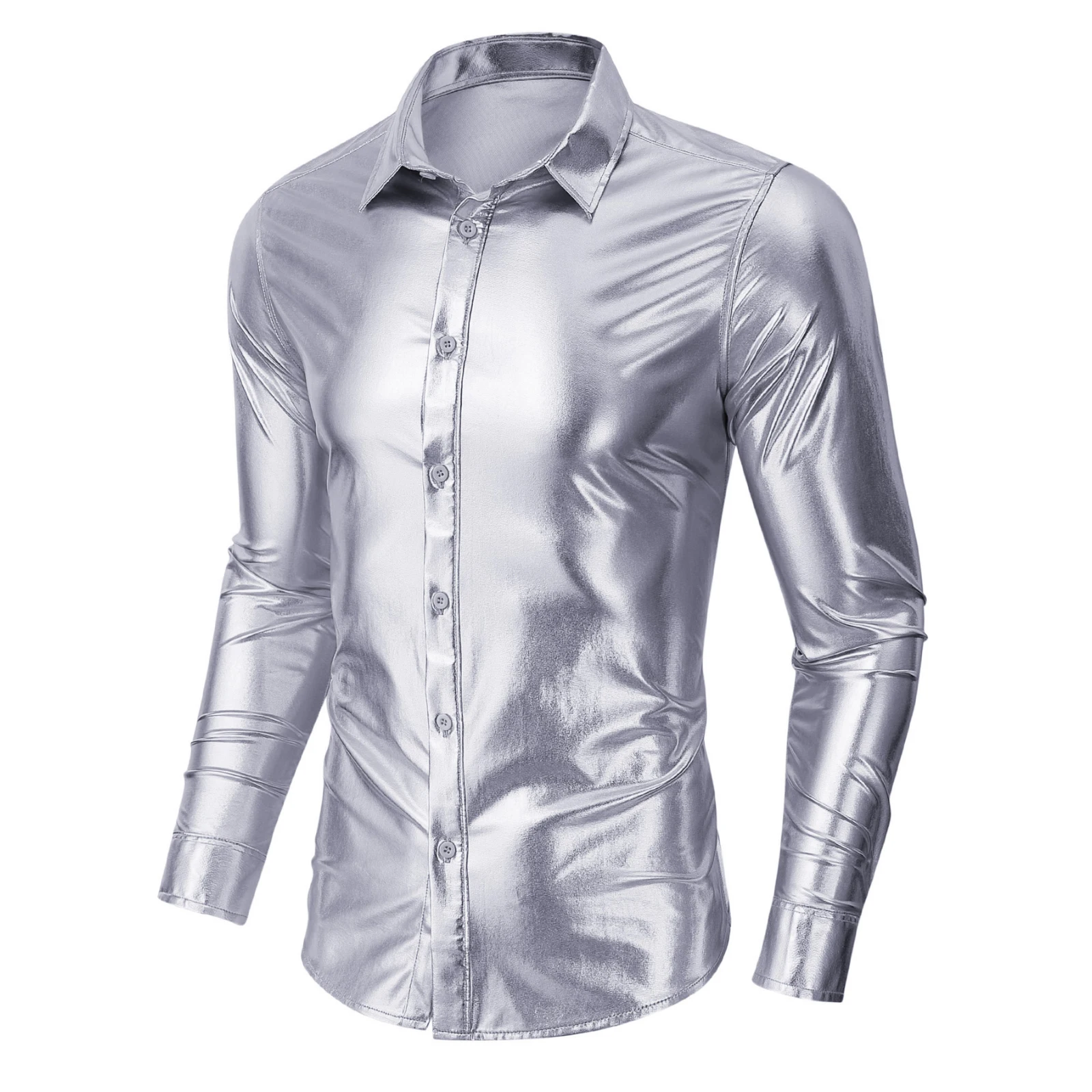 Men 70's Disco Metallic Shiny Silver Shirts Regular Fit Long Sleeve Clothing Male Fashion Party Nightclub Prom Banquet Chemise