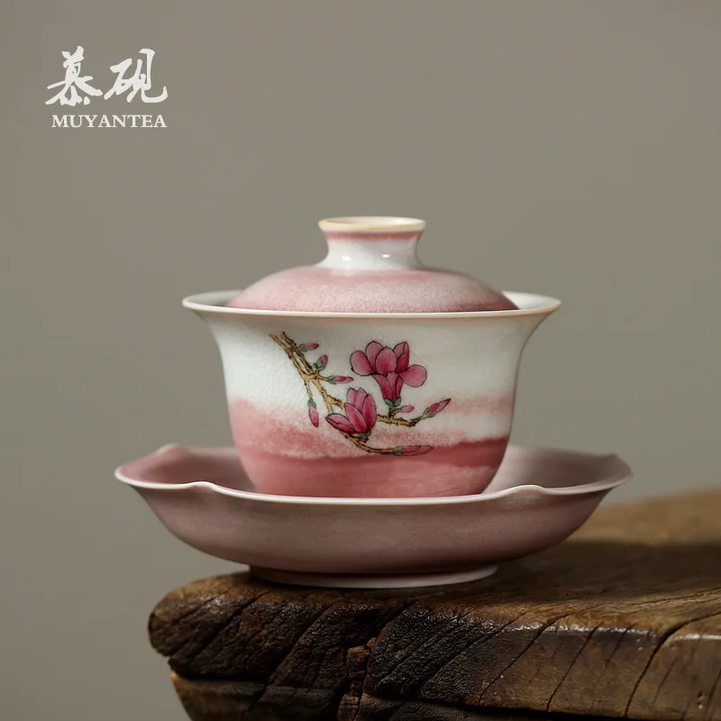 Mutaoyi Ceramic Crackle Glaze Kung Fu Three-Talents Gaiwan With Hand-Painted Magnolia Flower Design, Creative Household