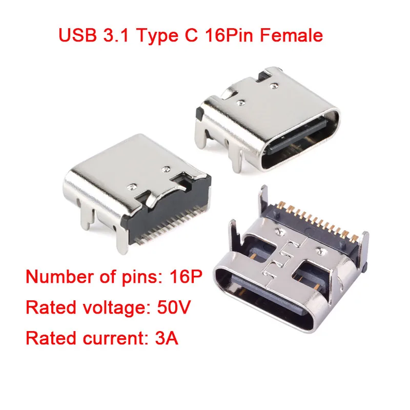 5 SZT. Złącze żeńskie SMT USB 3.1 Type-C 16-pin do portu ładowania telefonu komórkowego, gniazdo ładowania, wtyk z dwoma nóżkami