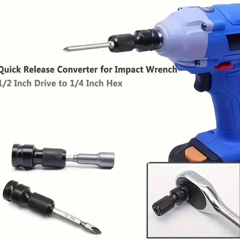 Quick Release 1/2-Inch Square Drive to 1/4-Inch Hex Female Socket Adapter Converter Chuck Adaptor for Impact and Ratchet Wrench
