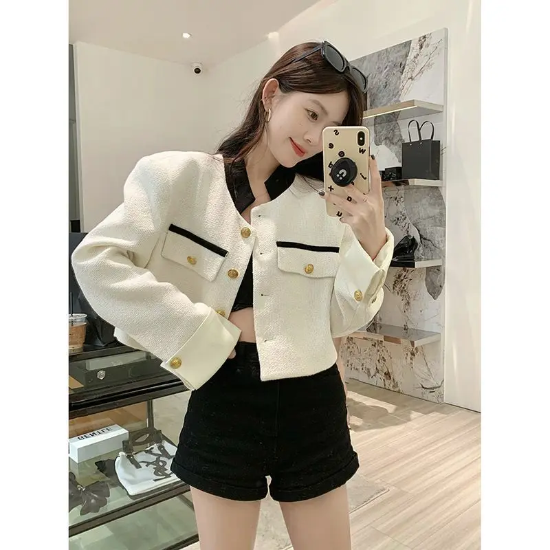 2023 New White Single Breasted Tweed Coat Casual Jacket Outwear Women Casual Blazer Coat Spring  Autumn Vintage Outerwear Top