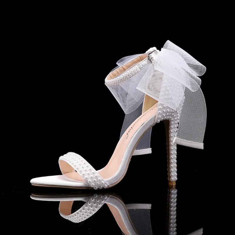 New Fish Mouth Mesh Bow Pearl Sandals Summer Women's Sweet Princess Banquet Wedding Bride Bridesmaid High Heels Shoes Size 43