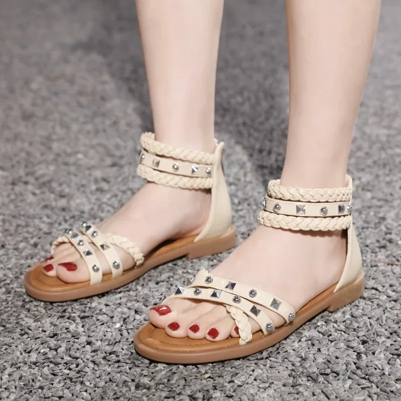 Women's Shoes 2024 Fashion Back Zipper Women's Sandals Hot Sale Rivet  Daily Sandals Women Summer Peep Toe Solid Flat Sandals