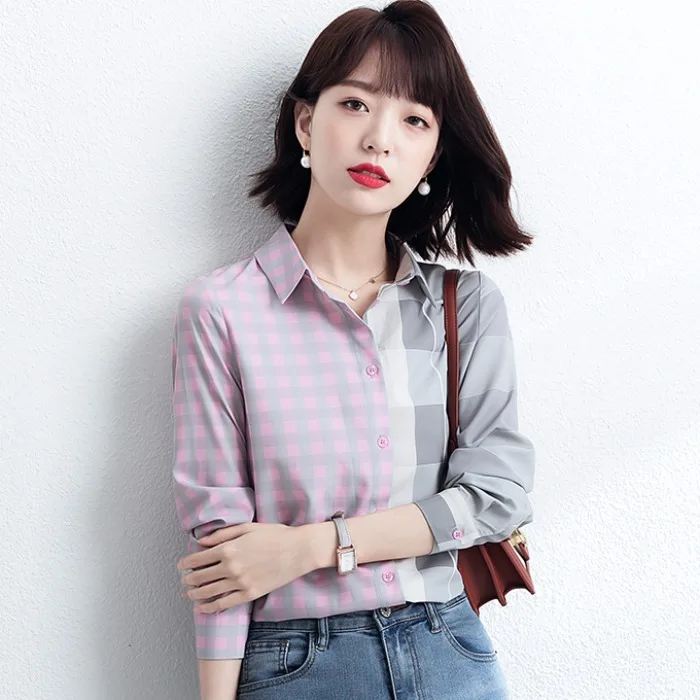 Women's Plaid irt Long Sve Spring Autumn Faion Loose Chiffon Top Design Sense Korean Sle Straight Cut Button up