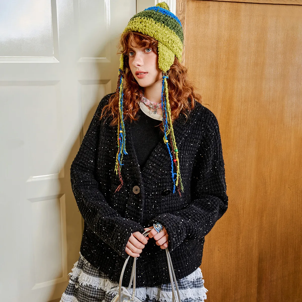 2025 여성용 스팽글 스타 니트 스웨터 글리터 브이넥 가디건 더블 브레스티드 미드 길이 코트 럭셔리 메탈릭 원사 우아한 드레스