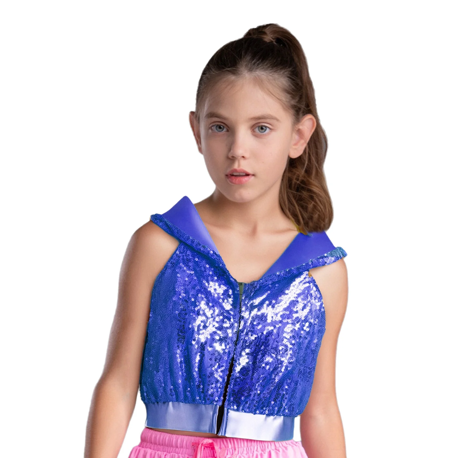 Kids Hooded T-Shirt Girls Sequins Hooded Crop Top Hip-Hop Jazz Dance Costume Sleeveless Backless Zipper Sparkling Dancewear
