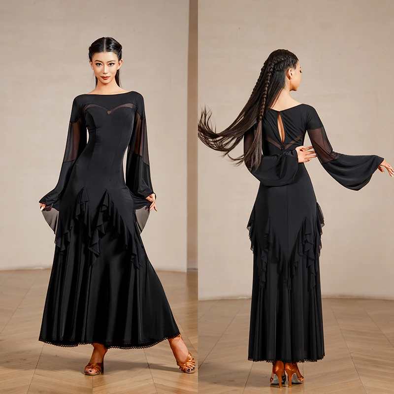 قاعة الرقص أزياء قارب الرقبة شبكة كبيرة فستان محكم من عند الصدر ويتدلى بشكل واسع التدريب ممارسة الملابس الفالس الرقص الحديث أداء ارتداء DQL12387