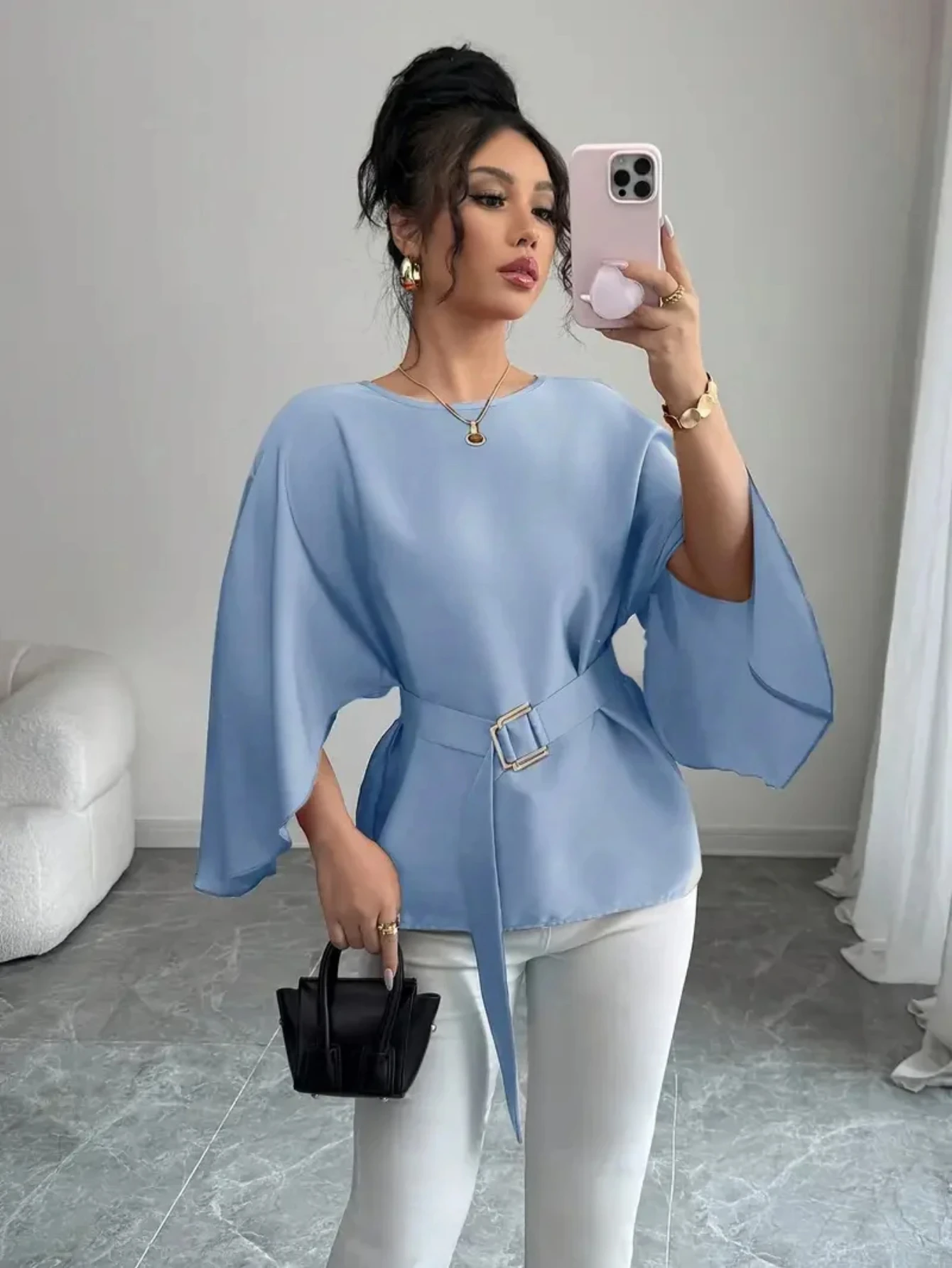 

Elegant European and American style solid color shirt, flared mid sleeved women's clothing