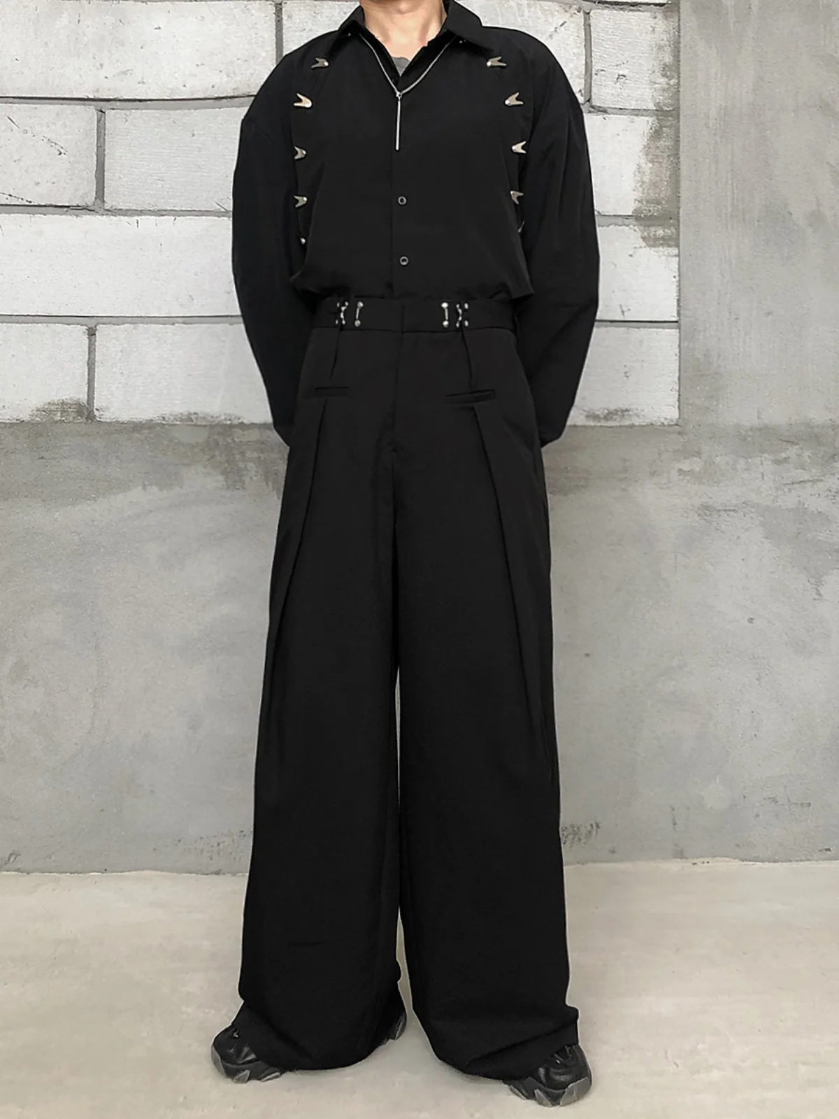 

Non-iron Men's Wide Leg Pants Adjustable Waist Bule Drapey Chic High Waist Straight Cut Micro Flared Floor Length Trousers