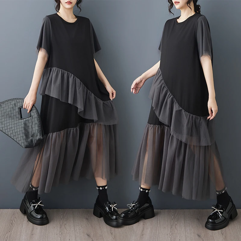 

Summer New Loose plus Size Dark Design Sense Pleated Mesh Color Block Irregular Dress Women's Cotton A-Line Midi Dress