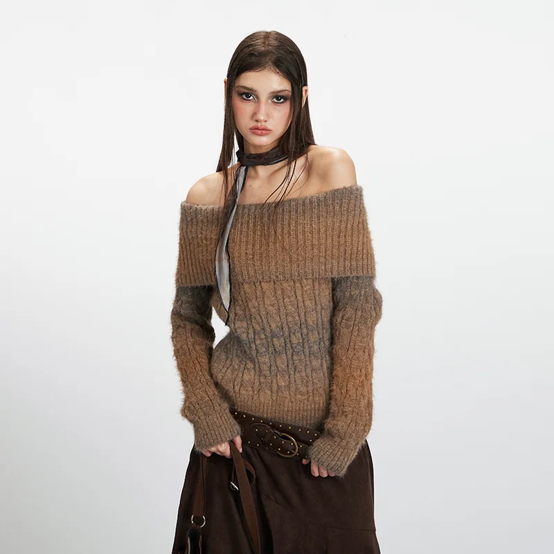 سترة محبوكة بأكمام طويلة مكشوفة الأكتاف على الطراز الأمريكي الجديد للنساء، بلوفر للخريف والشتاء #2