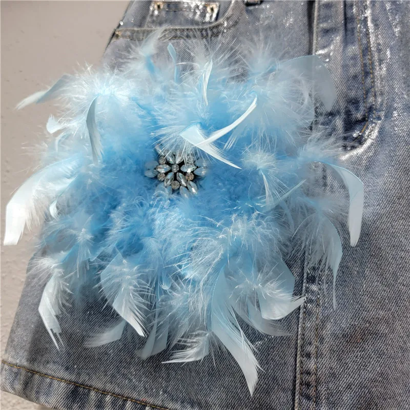 Fashionable Diamond-Embedded Feather Decorative Skirt for Women 2024 Summer New Street Style Coated Denim Skirt Mini Skirt