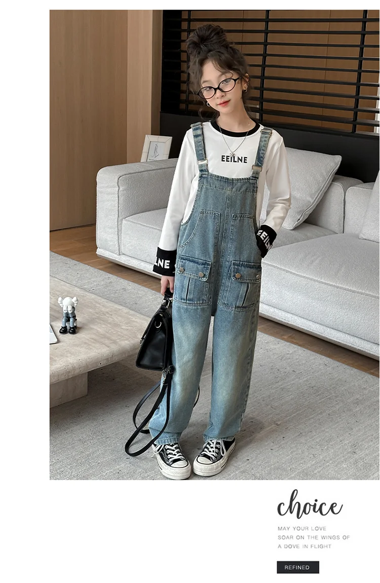 Frühlings- und Herbst-Kinder-Jumpsuit mit Tasche für Mädchen, Jeans-Latzhose, Kinder-Mädchen-Denim-Overalls für Teenager, Latzhose – Detail 2