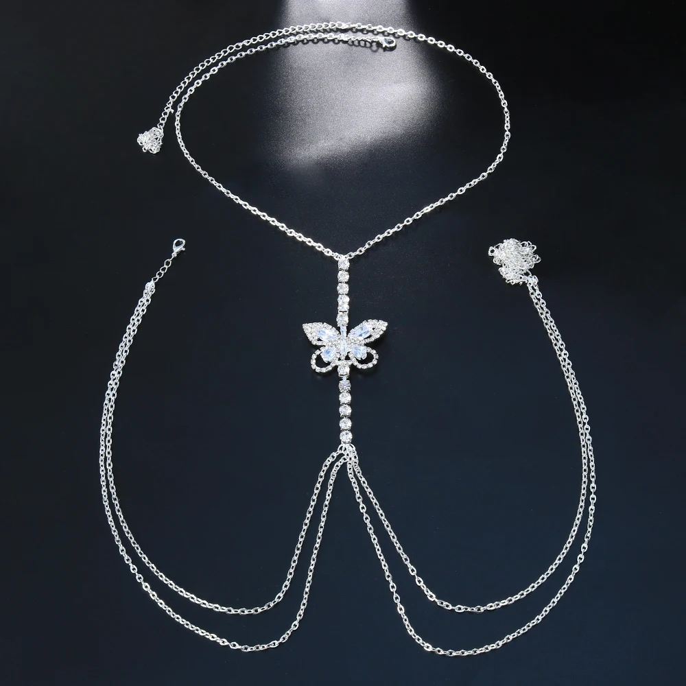 Stonefans Zircon Butterfly Chest Chain Rave Jewelry Festival Crystal Outfit Beach Summer Sexy Bra Chain Necklace Women Clothing