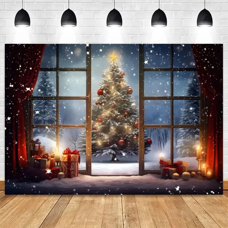 VIKAMA Christmas Window Tapestry Red Curtain Snowy Pine Tree Gift Box Candle Wall Hanging Backdrop for Holiday Party Decor