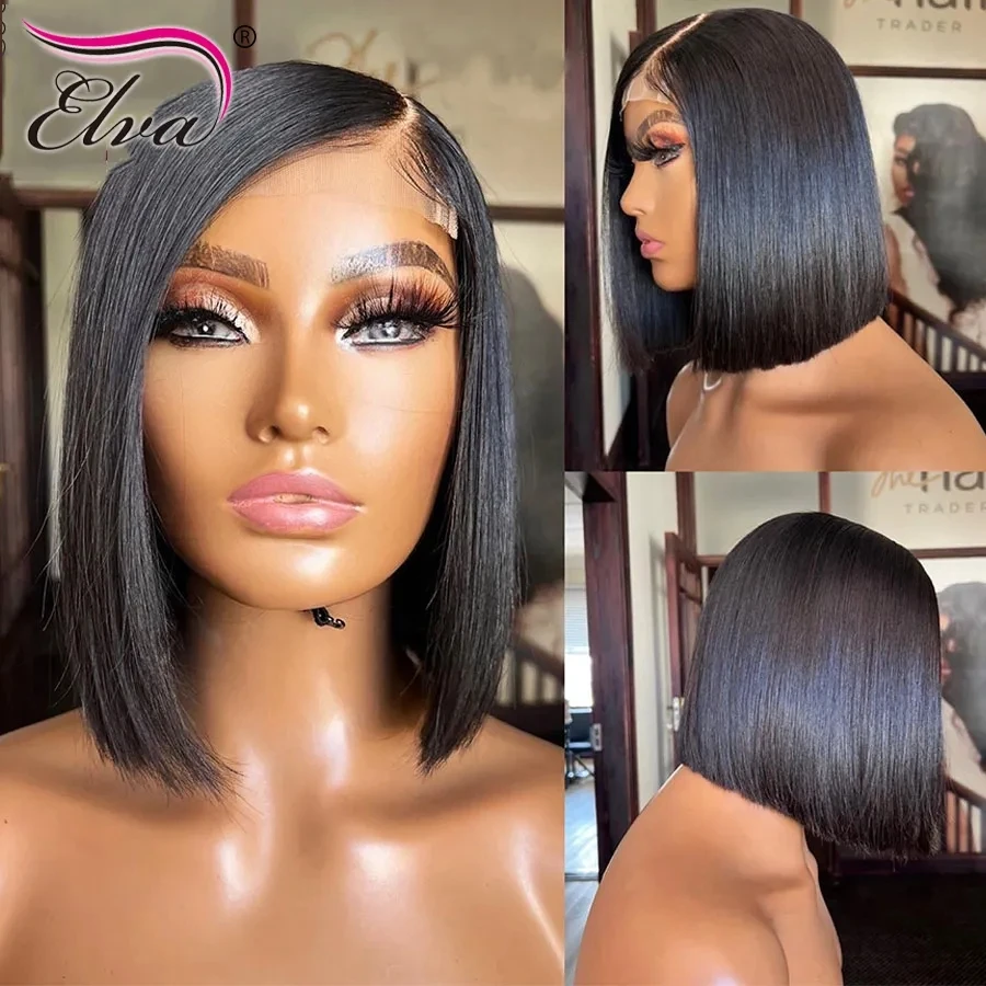 Elva Cheap Short Wigs Human Hair Straight Lace Frontal Wig Bob Wig 13x6 Glueless Lace Wigs For Women 180% Remy Hair Side Part