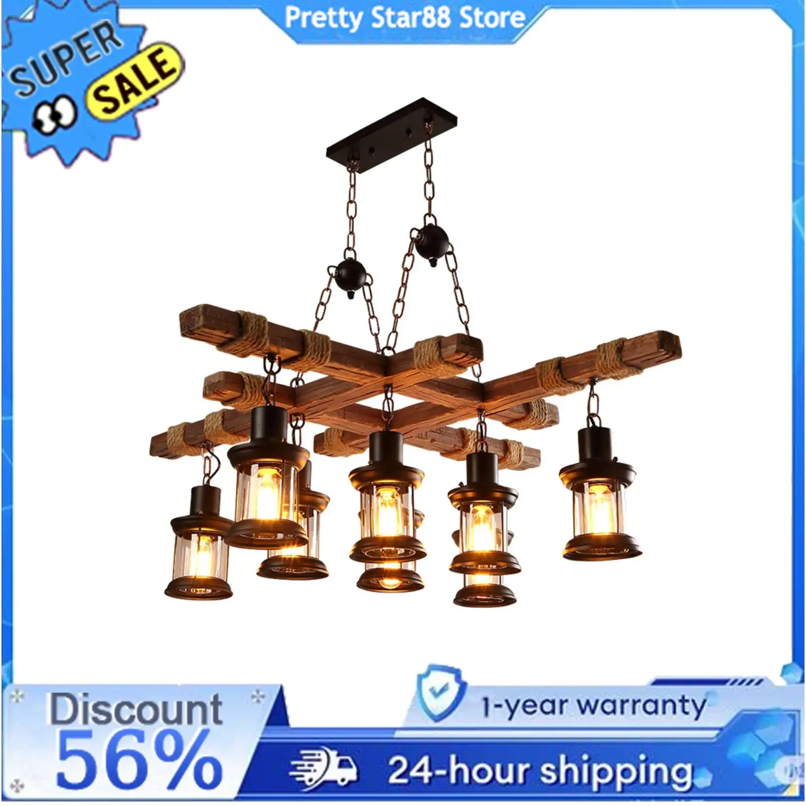 

Application Chandelier 8 Lights Industrial Retro Wood Lamp Wide for Homes And Bookstores