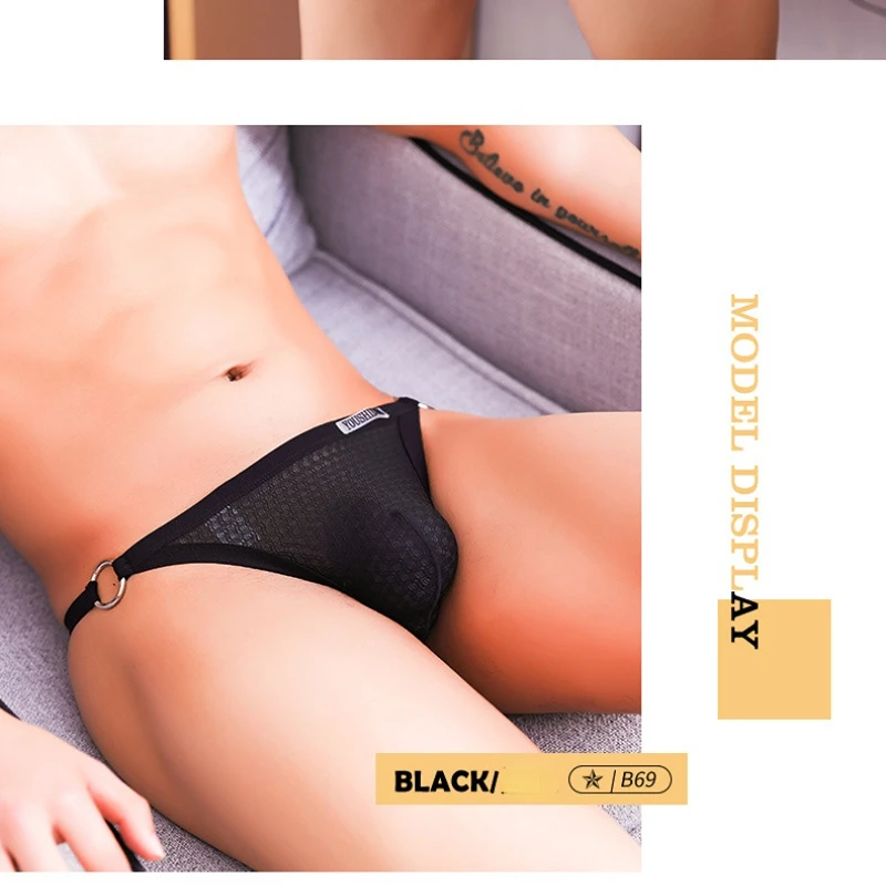 Men's high fork sexual interest mesh solid color cutout see-through cool and breathable large bag iron ring decoration thong gay