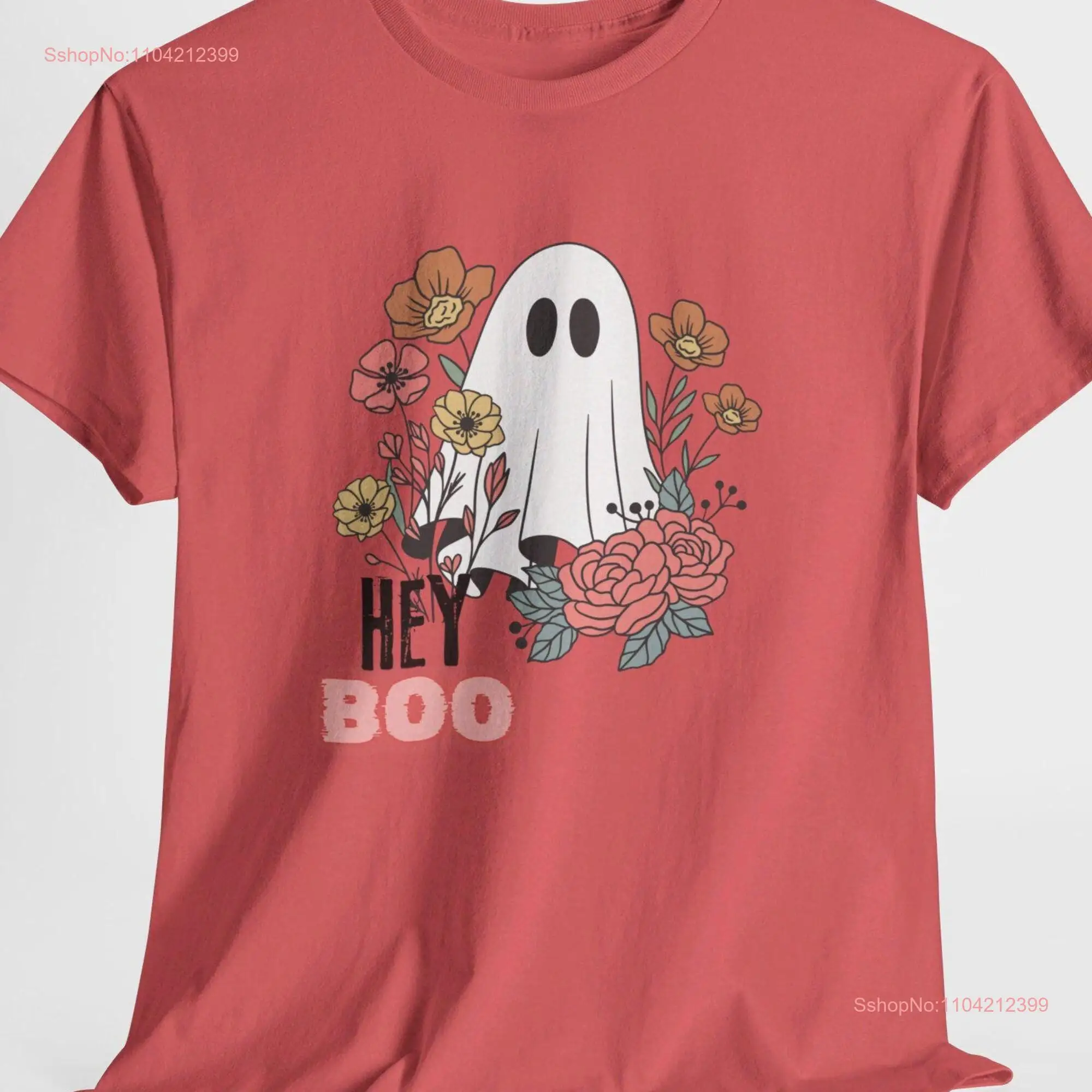 Hey BOO cute ghost in flowers popular Halloween fall tee bestselling vintage style long or short sleeves