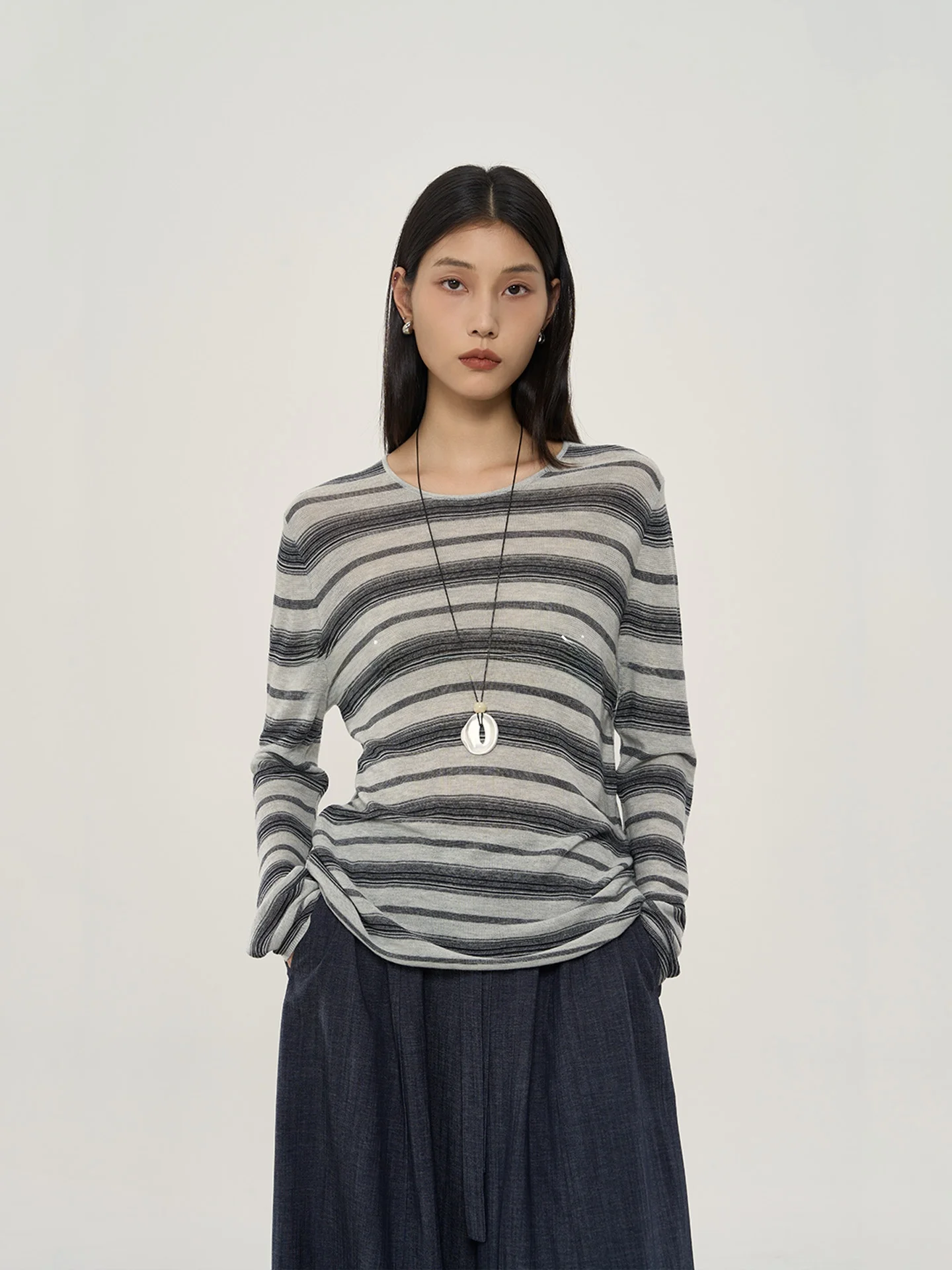 

Loose Long Sleeve Striped Knitted Sweater Silk Wool Blend Comfortable Fit Women's Fashion Spring Autumn Casual round Neck Top