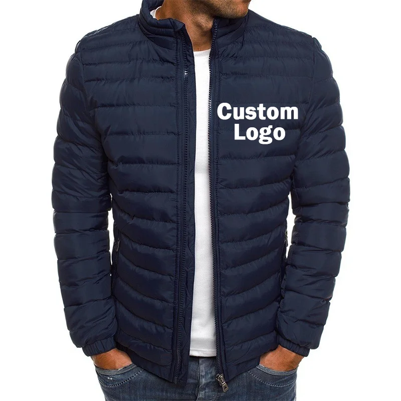 Custom Your Logo Men\'s Puffy Jacket Zipper Long Sleeve Coat Autumn Winter Outerwear Stand Collar Mens Casual Outwear