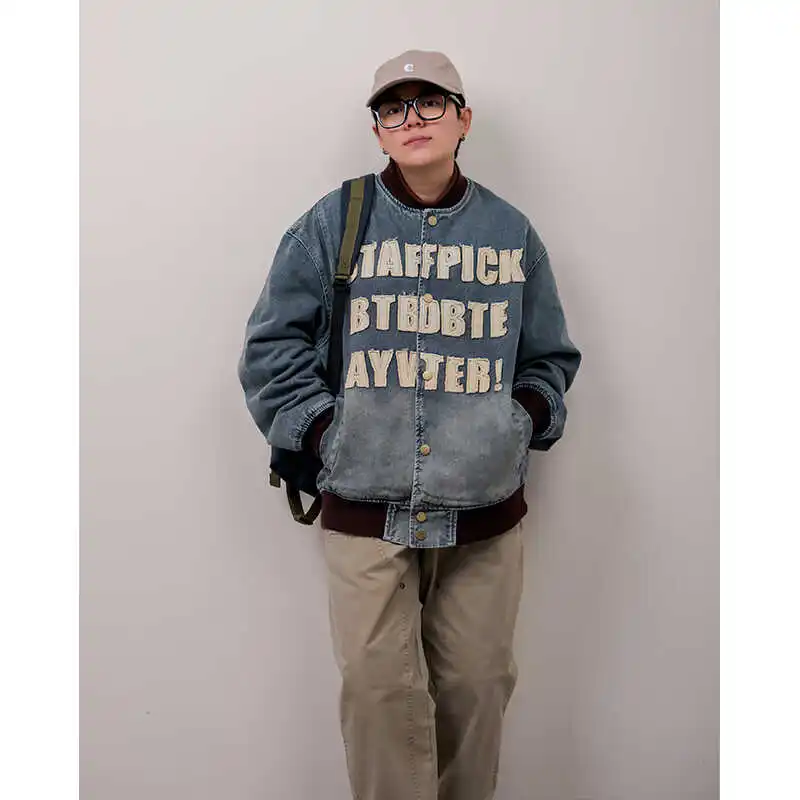 

Retro Waed American Trendy Brand Letter Patchwork Denim Jaet ex Loose Fit Versatile Jaet Youthful ular Polyester
