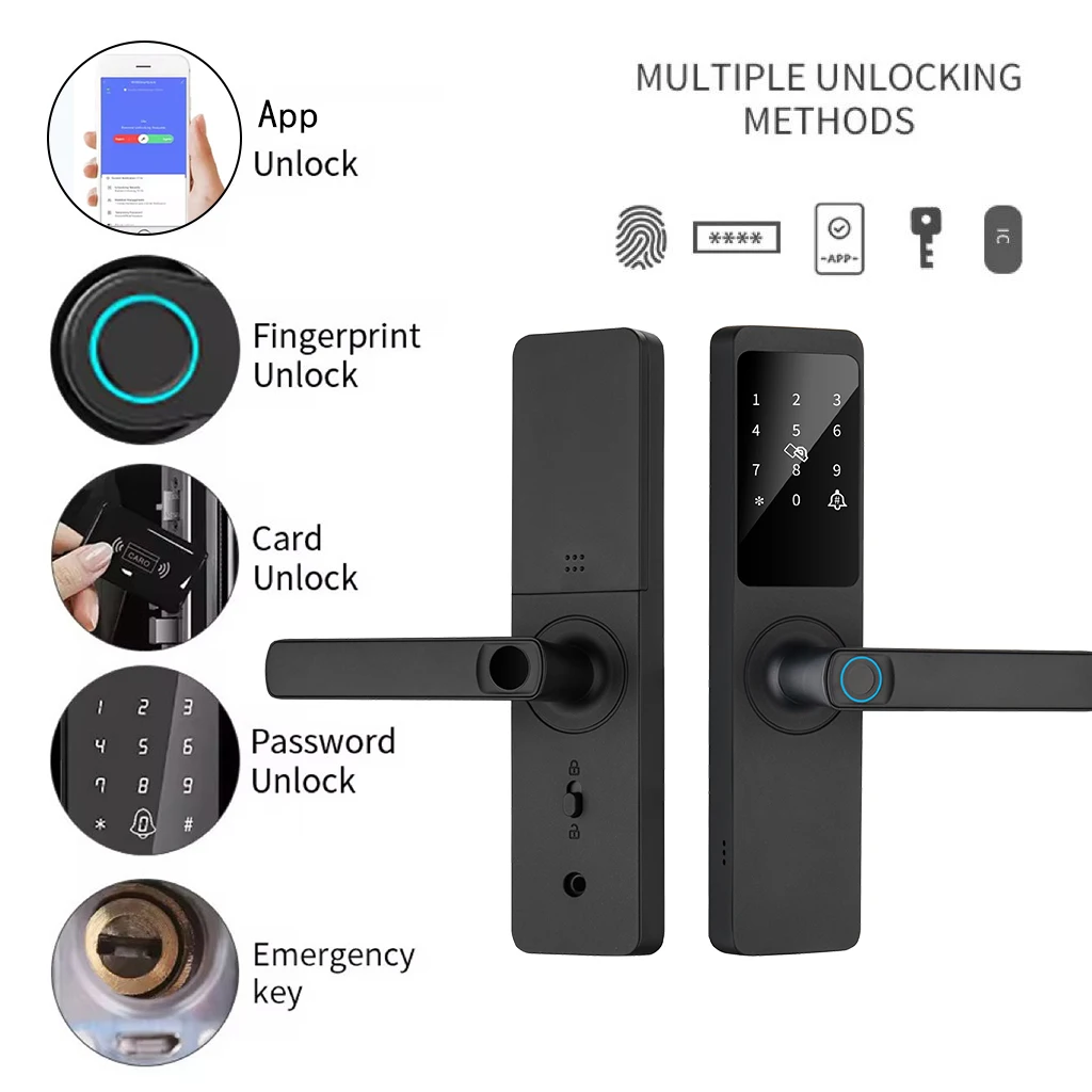 Tuya Smart Door Lock Indoor Password Fingerprint Remote Unlock Keycard Tamper Alarm Battery Powered