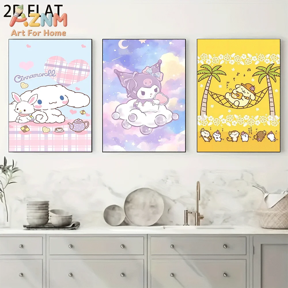 AZNM Sanrio Cinnamoroll Kuromi Pompompurin Canvas Wall Art Unframed Cute Cartoon Dreamy Cloud Beach Scene Print Painting Girls B