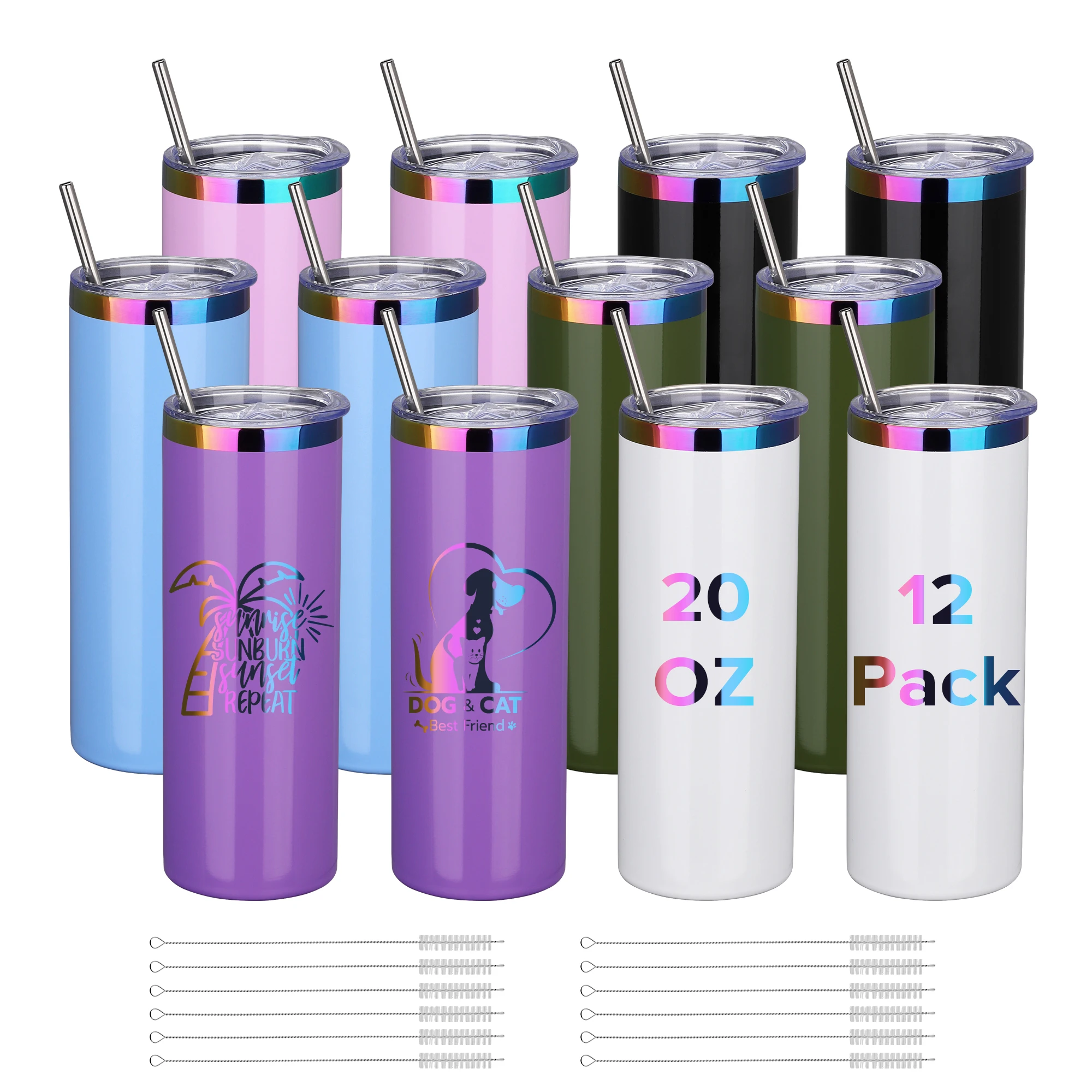 12 Pack 20oz Stainless Steel Skinny Tumblers, Gloss Powder Coated- Rainbow Color Plated Insulated Tumbler with Lid And Straw