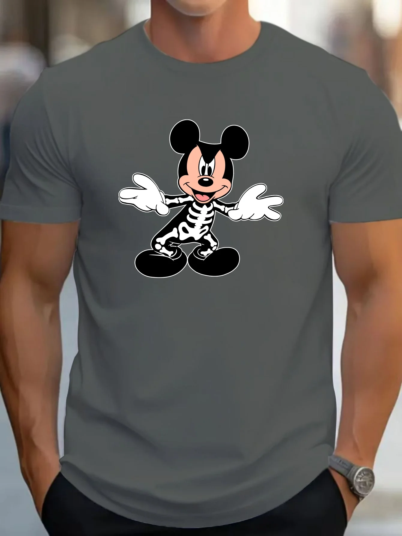 Disney T-Shirts Men\'s Casual Mickey Dressing Skeleton Halloween Cartoon Print Regular Fit Knitted Short Sleeve Slight Stretch