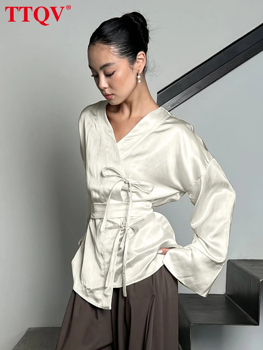 

TTQV Spring Loose Beige Women's Shirt 2026 Fashion V-Neck Long Sleeve Shirts Elegant Classic Lace-Up Solid Top Female Clothing