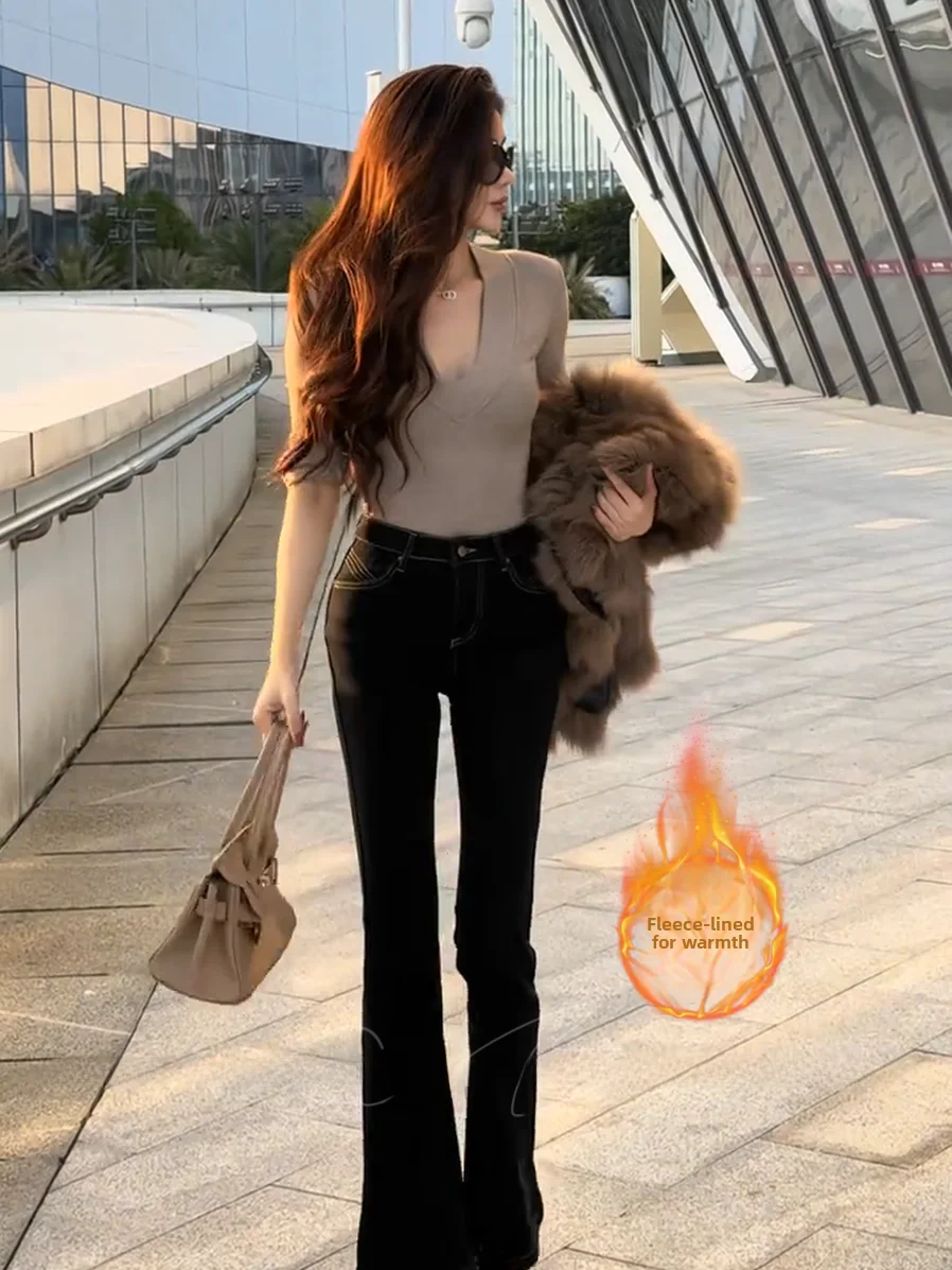 

Low Waist Slim Fit Fce Lined Flare Leg Denim Pants for Women Autumn Winter Faion Versatile Bla Cotton Stretch Jeans