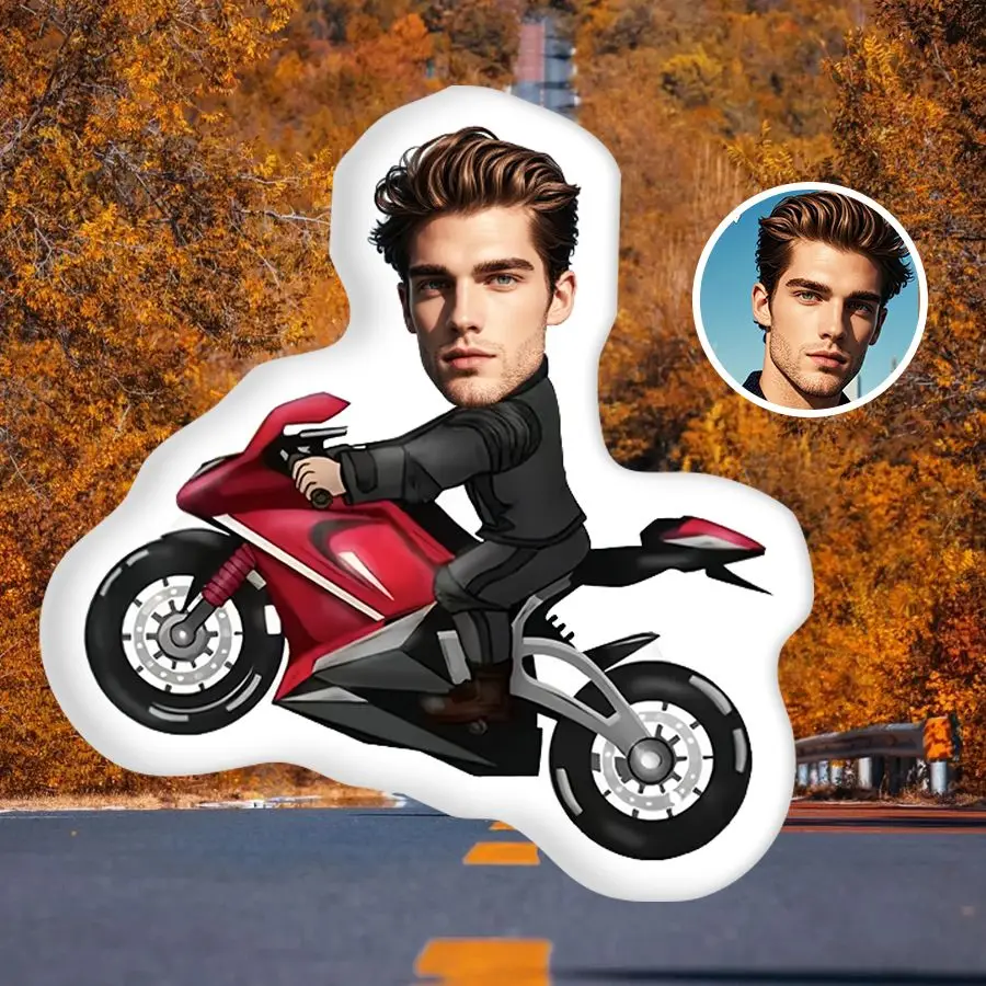 Motorcycle Photo Pillow Personalized Facial Plush, Perfect Gift for Him and Her, Machine Washable, Realistic 3D Printing